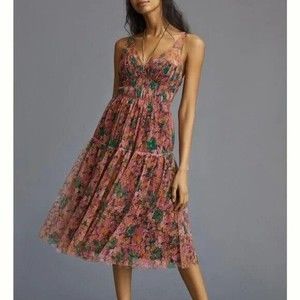 ANTHROPOLOGIE Dress Maeve Floral Midi Mesh Sheer Sleeveless Cocktail Pink Small